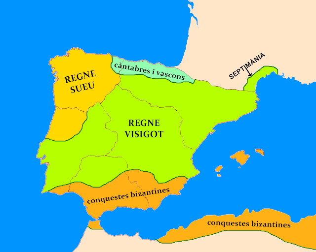 Mapa d'Hispània a mitjans del segle VI, amb el regne sueu i el visigot.