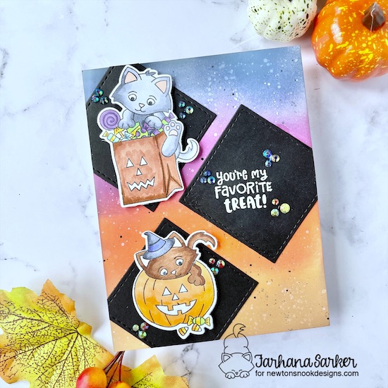 Cat Halloween card by Farhana Sarker | Trick or Treat Kittens Stamp Set and Slimline Frames and Windows Die Set by Newton's Nook Designs #newtonsnook #handmade