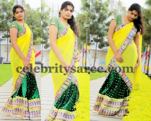 Velvet Half Saree in Lime Green