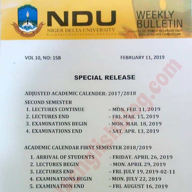 Niger Delta University: Academic Calendar for 2017/2018 and 2018/2019 Academic Sessions