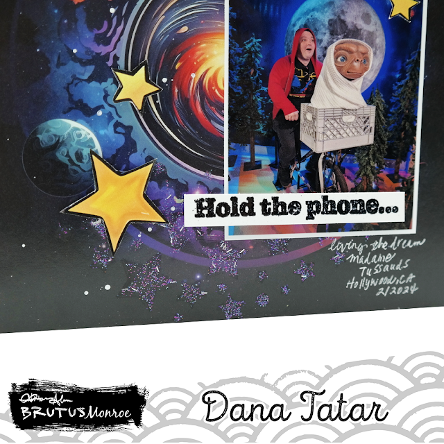 Brutus Monroe space themed glitter stars galaxy 6x6 scrapbook layout which highlights a favorite moment at Madame Tussauds Wax Museum with E.T.