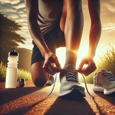 Person preparing to start their fitness journey, tying shoelaces with determination.