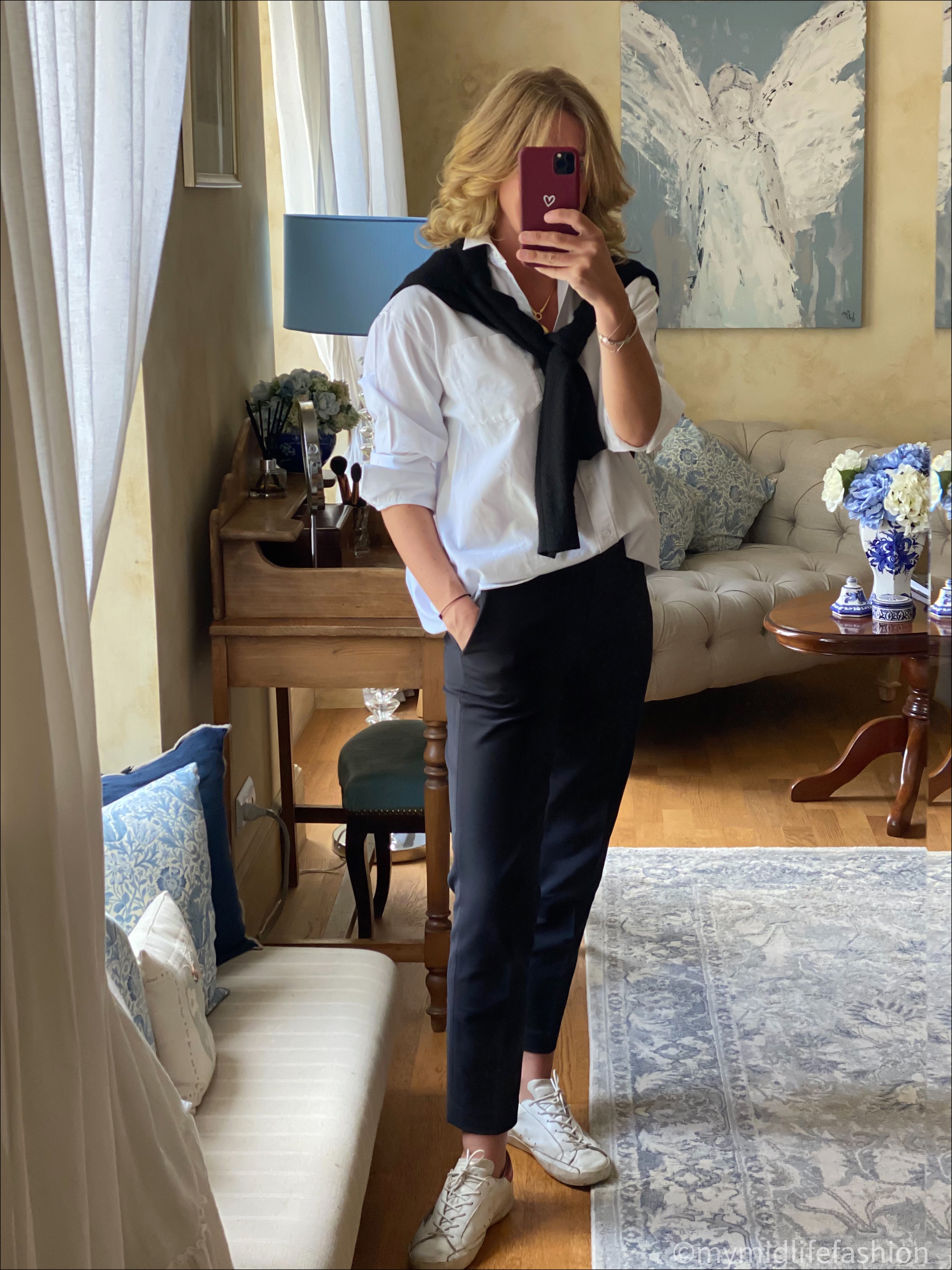 my midlife fashion, Boden cashmere v neck relaxed jumper, and other stories oversized shirt, baukjen cropped cigarette pants, Chanel ballet pumps