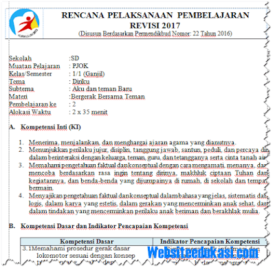 RPP PJOK Kelas 1 SD/MI Semester 1 K13 Revisi 2018 Lengkap