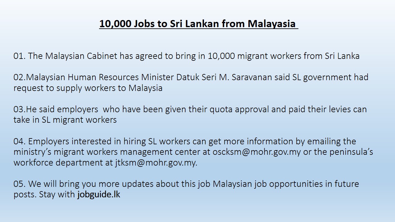Malaysian Jobs for Sri Lankans 2022 News