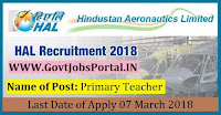 Hindustan Aeronautics Limited Recruitment 2018 – Primary Teacher, Ayah