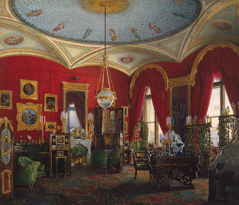 Interiors of the Winter Palace. The Study of Empress Alexandra Fyodorovna by Edward Petrovich Hau - Architecture, Interiors Drawings from Hermitage Museum