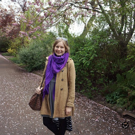 awayfromtheblue instagram | camel trench coat, purple scarf, grey skater dress, speedy bandouliere Edinburgh Zoo in May outfit