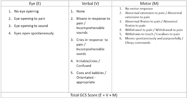 A picture demonstrating the scores assigned for Glasgow Coma Scale