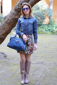 jeans shirt, Oakley mirrored sunglasses, Balenciaga city bag