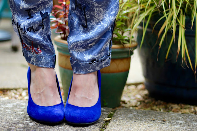 Fake Fabulous | Cobalt blue top worn back to front, pyjama trousers, red lips and blue heels.