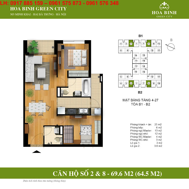 Căn hộ số 2 và 8 - 69.6m2 hòa bình green city