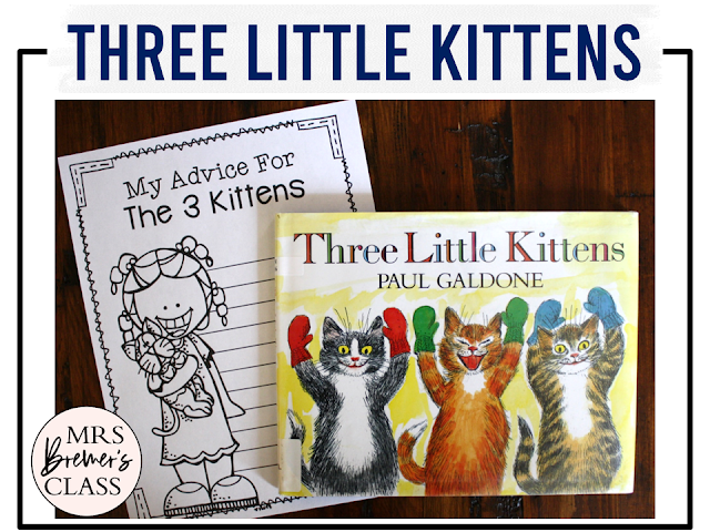 Three Little Kittens book activities unit with literacy printables, reading companion activities, lesson ideas, and a craft for Kindergarten and First Grade