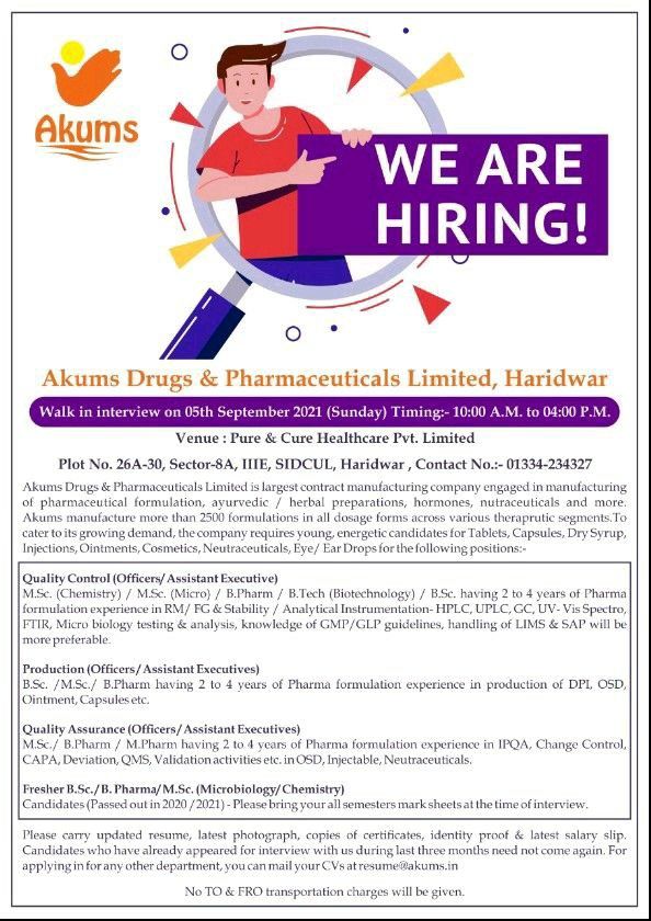 Akums Drugs | Walk-in for Freshers and Expd on 5th Sept 2021