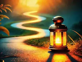 A Guiding Light on the Path of Life A glowing lantern placed on a winding path at dawn, symbolizing spiritual guidance and enlightenment. The path leads into the distance towards a beautiful sunrise, representing hope and divine presence in the journey of faith.