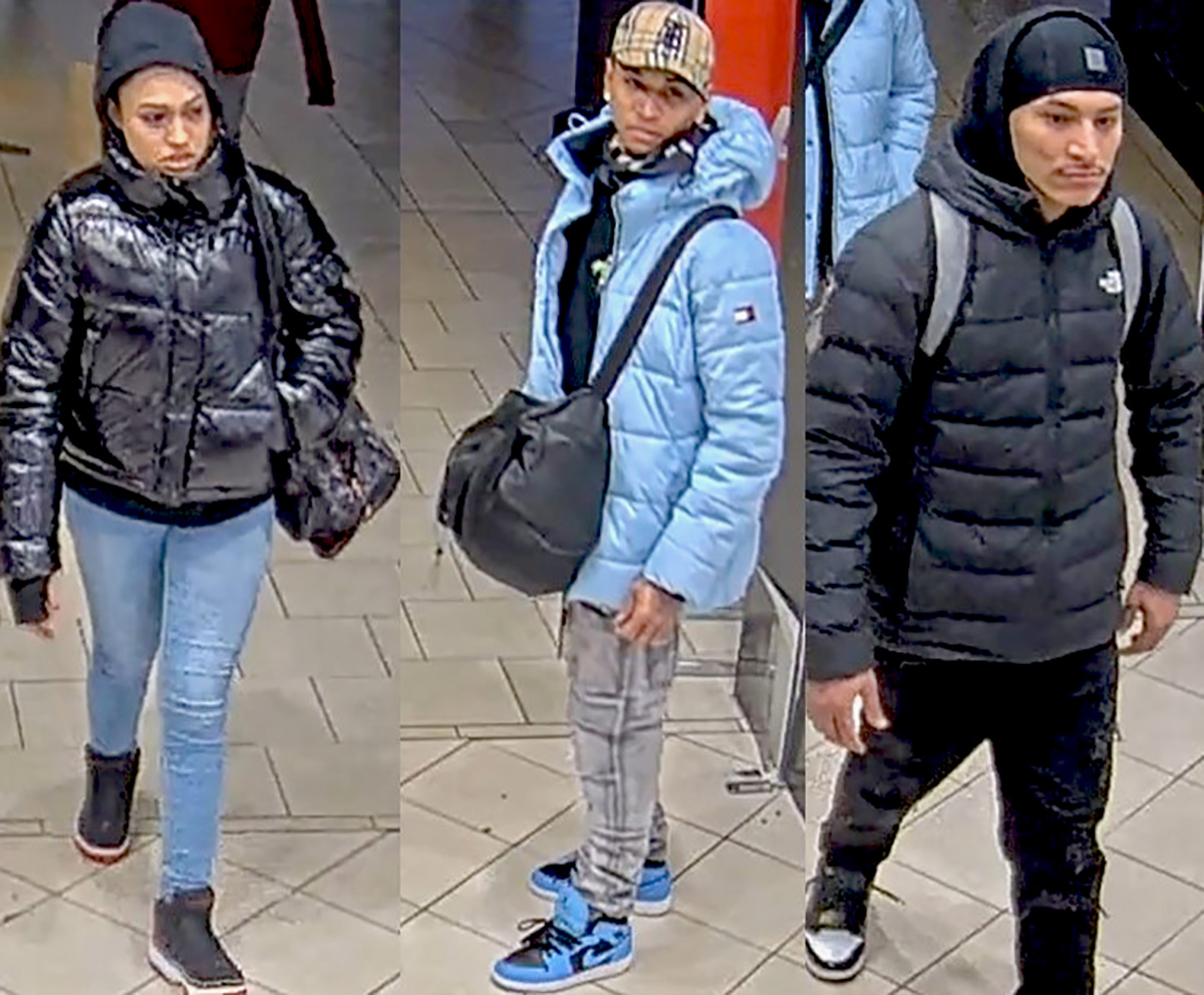 The NYPD is searching for three people in connection with an assault on a security guard during a shoplifting. -Photo by NYPD