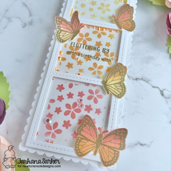 Slimline Butterfly Shaker Card by Farhana Rahman | Monarchs Stamp Set, Petite Flowers Stencil and Slimline Masking Stencil and Die Sets by Newton's Nook Designs #newtonsnook #handmade