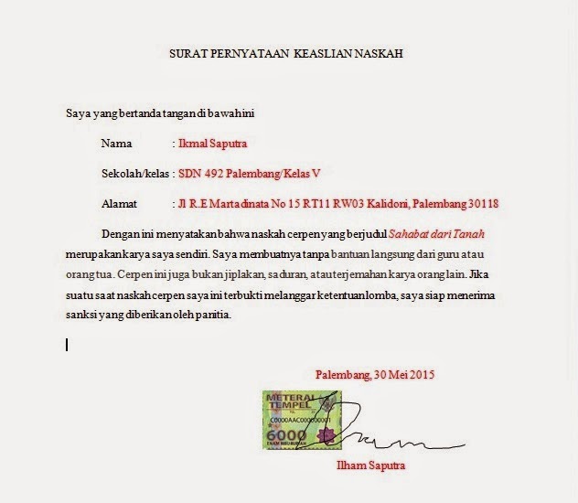 Contoh Surat Pernyataan Keaslian Naskah