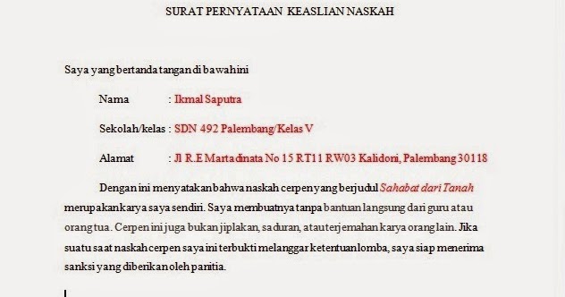 Contoh Surat Pernyataan Keaslian Naskah