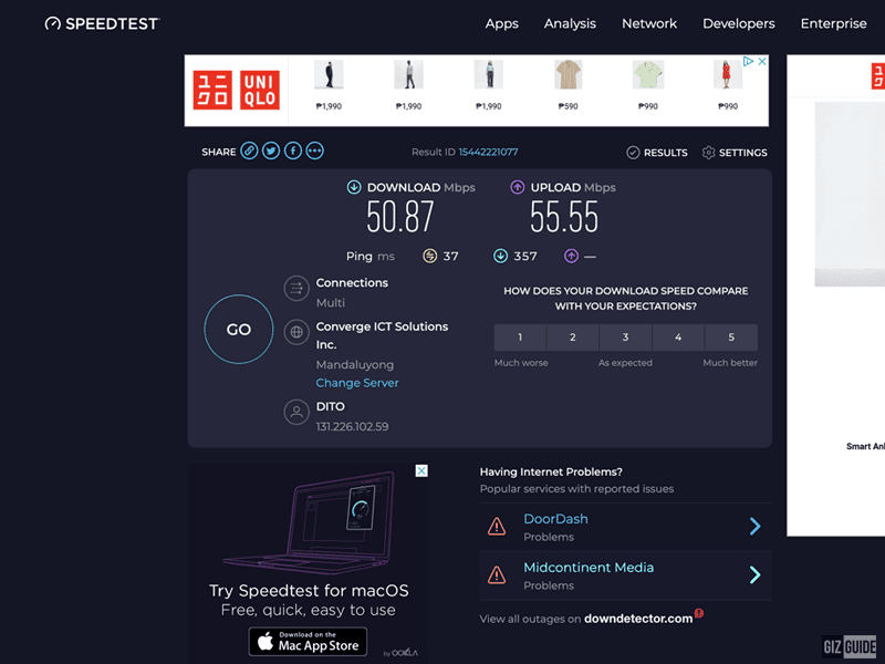 DITO 5G speed test via tethering