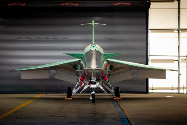 NASA's X-59 QueSST aircraft sits inside a hangar at Lockheed Martin's Skunk Works facility in Palmdale, California...on June 19, 2023.