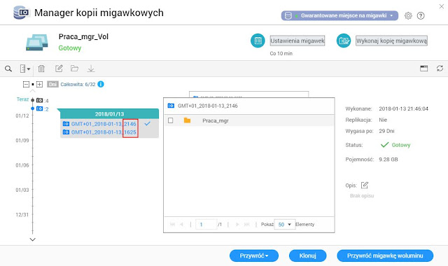 Migawki utworzone o godzinie 16.25 i 21.46 widoczne w Managerze kopii migawkowych