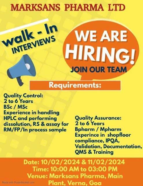 Marksans Pharma Walk In Interview For Quality Assurance and Quality Control