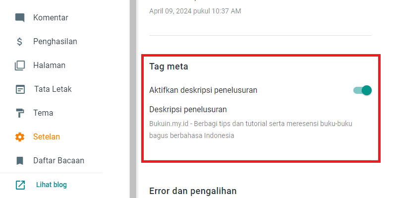 mengaktifkan tag meta deskripsi blogger untuk mengoptimalkan seo