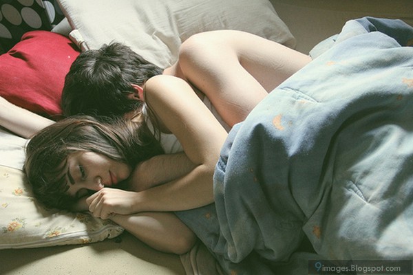 Cuddling sleeping couple hug love cute bed