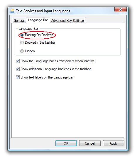 Windows Vista Language Bar Settings