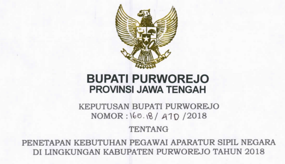  ditetapkan Berdasarkan Keputusan Bupati Purworejo Nomor  FORMASI CPNS KABUPATEN PURWOREJO TAHUN 2018