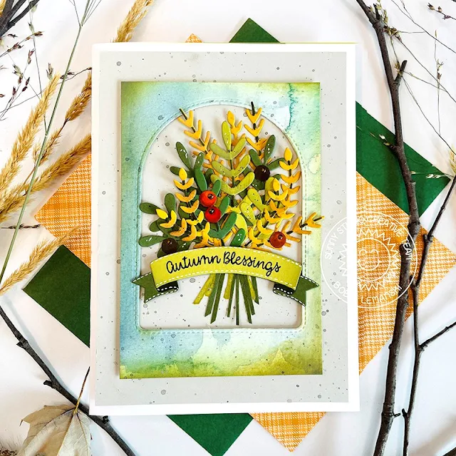 Sunny Studio Stamps: Brilliant Banner Die Focused Fall Themed Card by Bobbi Lemanski (featuring Winter Greenery, Stitched Arch Dies)