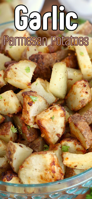 Air Fryer Garlic Parmesan Potatoes in a clear glass bowl with a recipe title text overlay.