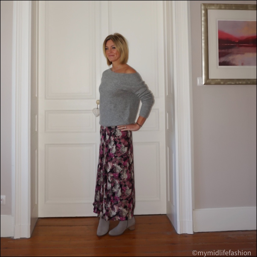 my  midlife fashion, hush off the shoulder jumper, raey patterned maxi skirt, Ecco block heel ankle boots