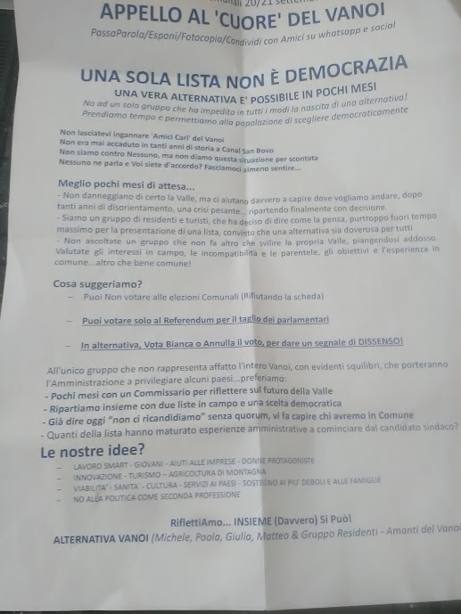 Elezioni comunali 2020 lettera Alternativa Vanoi per non voto