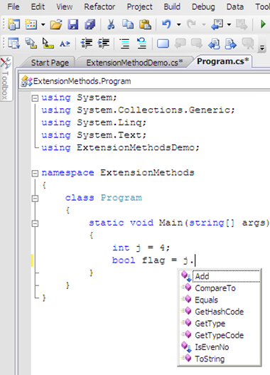 VS intellisense showing the extension method.