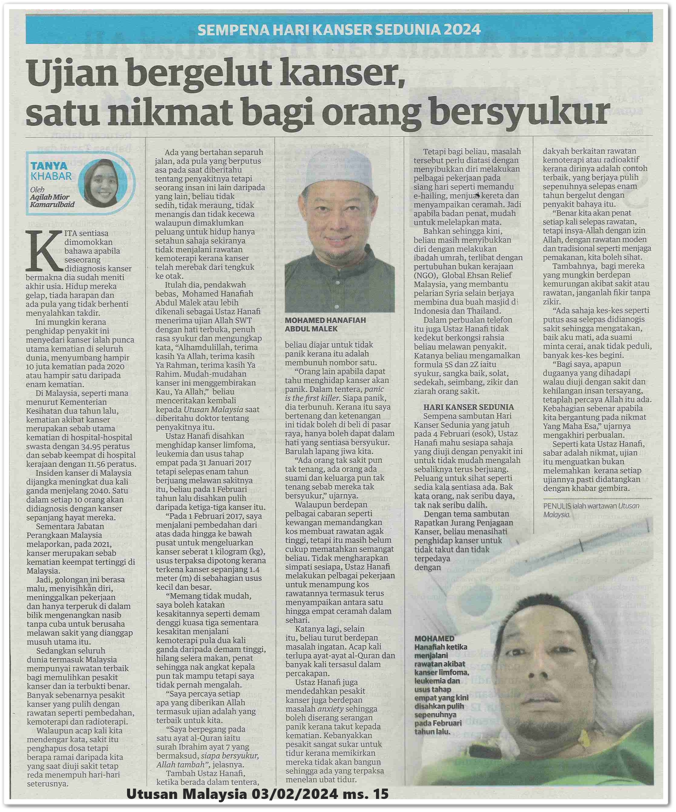 Ujian bergelut kanser, satu nikmat bagi orang bersyukur | Keratan akhbar Utusan Malaysia 3 Februari 2024