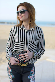 Romwe striped shirt, Moschino belt, Zara studded clutch