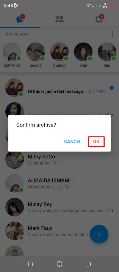 confirm the archiving of the Facebook message