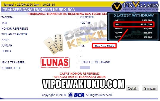 Bukti Transfer Kemenangan Member Setia DEWAKIUKIU