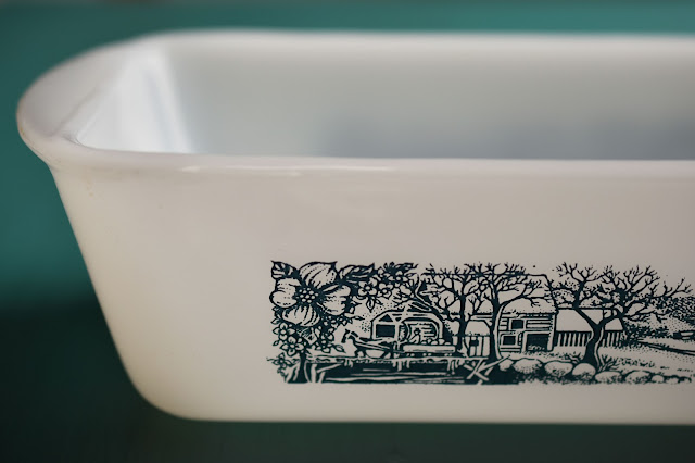 Glasbake USA vintage milk glass rural scene loaf pan