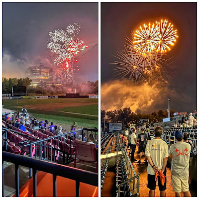 2 images of fireworks at ballparks