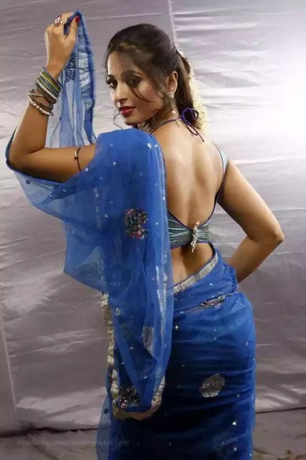 anushka shetty blue saree backless blouse
