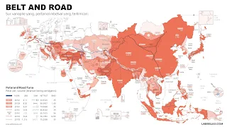 Ilustrasi seperti diagram global, peta Belt and Road, atau grafik yang menunjukkan perdagangan internasional yang melibatkan yuan