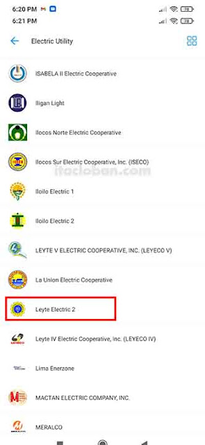Image shows list of electric utility available in Maya app.