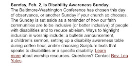 photo of an announcement, plain text, that February 2 is the conference date for Disability Awareness Sunday, and listing ways to participate. 