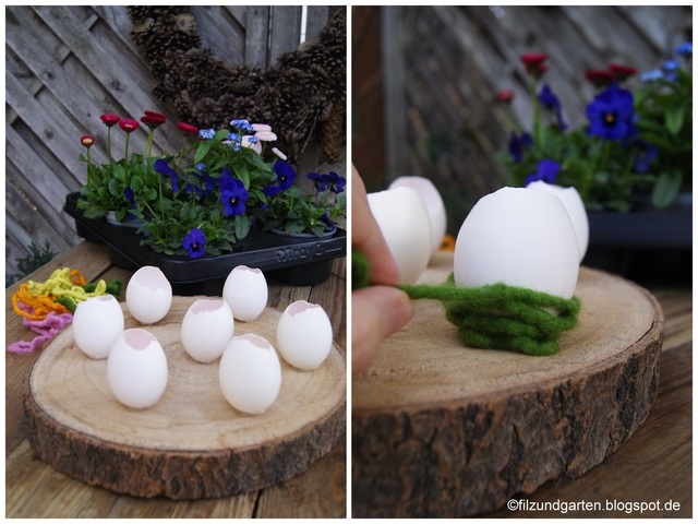 Eiervasen mit Heißkleber auf einer Holzscheibe befestigen