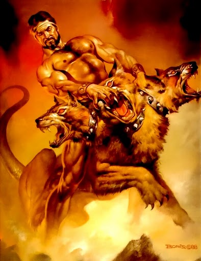 Cerberus and Hercules fighting image by Boris Vallejo
