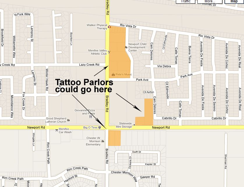  much of the area zoned for a tattoo parlor (shaded in orange) is already 
