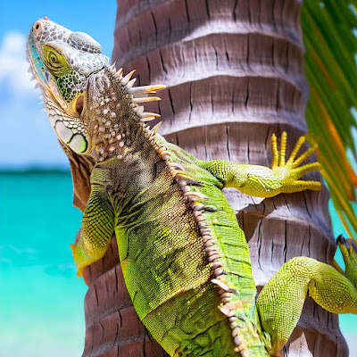 Iguana climbing coconut tree trucnk